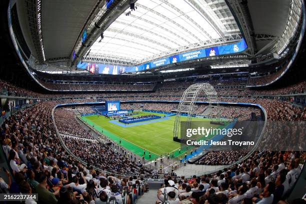 General view as Kylian Mbappe, new player of Real Madrid, at Estadio Santiago Bernabéu on July 16, 2024 in Madrid, Spain.