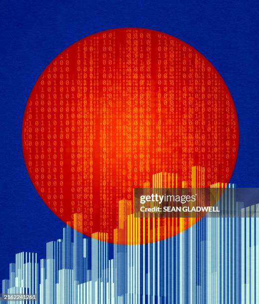 abstract sun with code and skyscrapers - vertical stock pictures, royalty-free photos & images