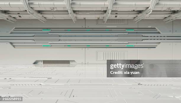 abstract corridor in futuristic sci-fi building - estación espacial fotografías e imágenes de stock