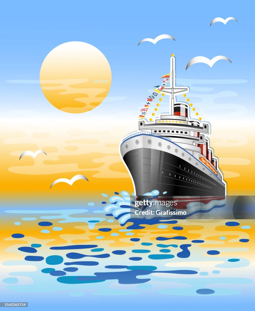 Antique Ocean Liner crossing the Atlantic Ocean flat illustration