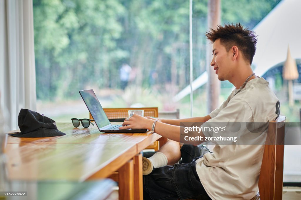 One Asia Young Male Video Call at During Vacation