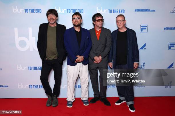 Alex James, Damon Albarn, Graham Coxon and Dave Rowntree attend the premiere of blur: To The End at Picturehouse Central on July 16, 2024 in London,...