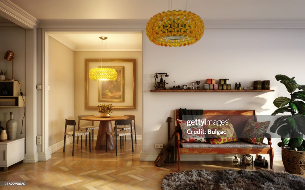 Mid-Century Modern Living Room with Cozy Seating and Dining Area