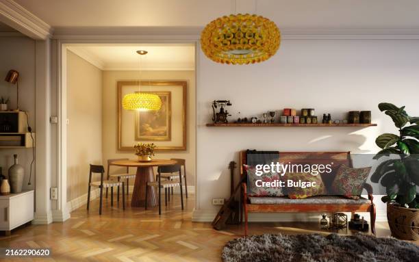 mid-century modern living room with cozy seating and dining area - estilo moderno de meados do século imagens e fotografias de stock