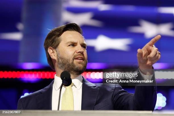 Republican vice presidential candidate, U.S. Sen. J.D. Vance speaks during preparations for the second day of the Republican National Convention at...