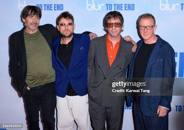 Alex James, Damon Albarn, Graham Coxon and Dave Rowntree of Blur attend the "blur: To The End" London Premiere at Picturehouse Central on July 16,...