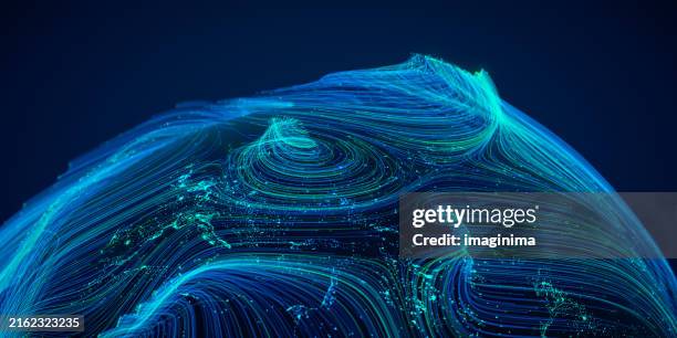 global data flow (world map credits to nasa) - particle stock pictures, royalty-free photos & images