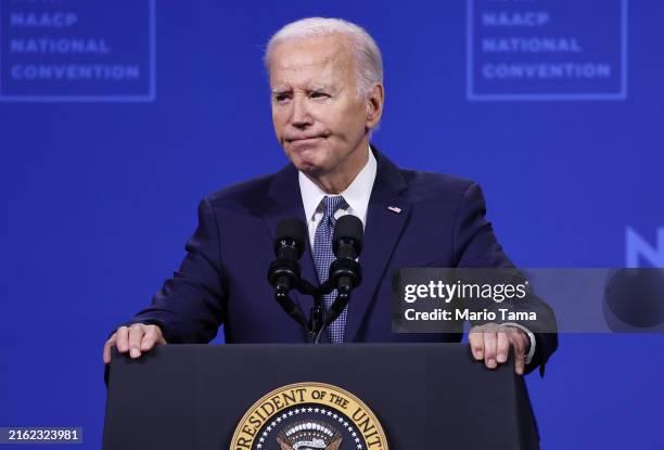 President Joe Biden speaks at the 115th NAACP National Convention at the Mandalay Bay Convention Center on July 16, 2024 in Las Vegas, Nevada. Biden...