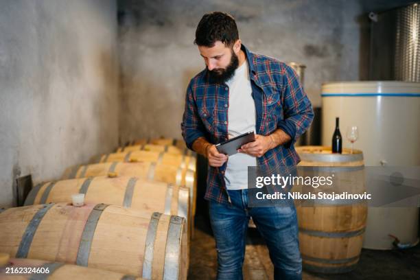 utilisation d’une tablette dans une cave à vin - cave à vin photos et images de collection
