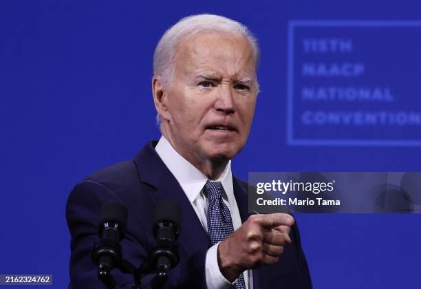 President Joe Biden speaks at the 115th NAACP National Convention at the Mandalay Bay Convention Center on July 16, 2024 in Las Vegas, Nevada. Biden...
