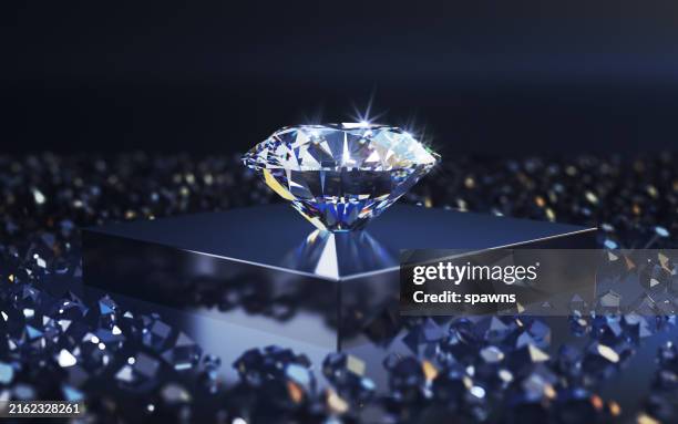 shining diamond on reflective square podium among reflective diamond particles - gemstone stock pictures, royalty-free photos & images