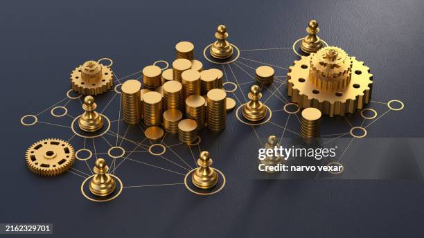 Gold Circles Connected by Lines Representing a Communication Network, Featuring Economic Symbolism with Gold Stacks, Chess Pawns for Individual Communication, and a Machine Gear for Work Power. 3D Rendering.