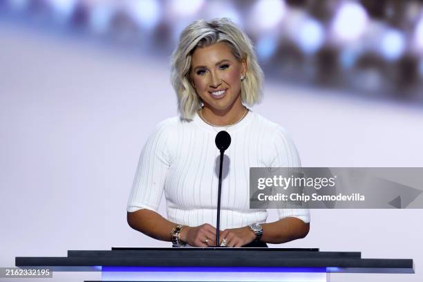 Reality TV star Savannah Chrisley speaks on stage on the second day of the Republican National Convention at the Fiserv Forum on July 16, 2024 in...