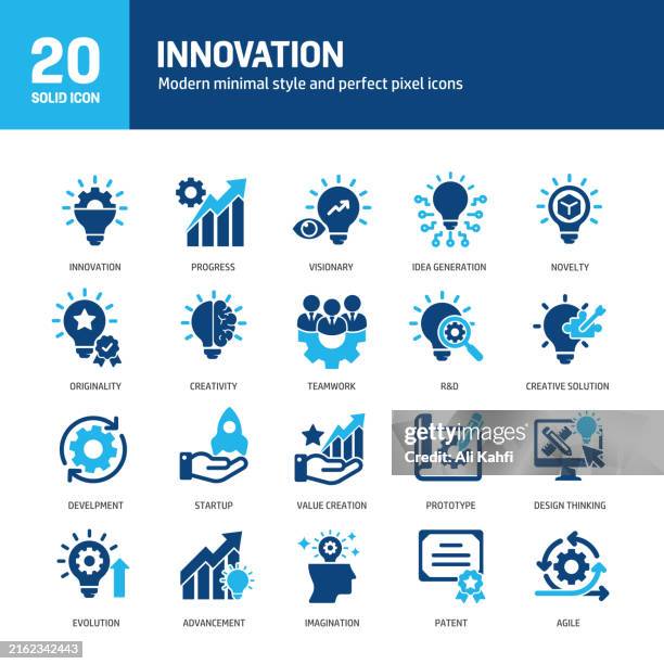 innovation glyph solid icons. containing creativity, imagination, progress, thinking, idea solid icons collection. vector illustration. for website design, logo, app, template, ui, etc. - small start up stock illustrations