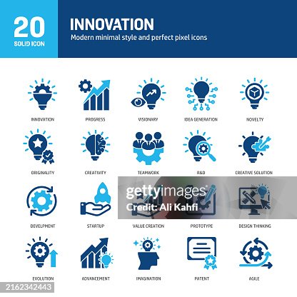 Innovation glyph solid icons. Containing creativity, imagination, progress, thinking, idea solid icons collection. Vector illustration. For website design, logo, app, template, ui, etc. Innovation glyph solid icons. Containing creativity, imagination, progress, thinking, idea solid icons collection. Vector illustration. For website design, logo, app, template, ui, etc.