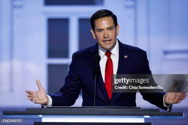 Sen. Marco Rubio speaks on stage on the second day of the Republican National Convention at the Fiserv Forum on July 16, 2024 in Milwaukee,...