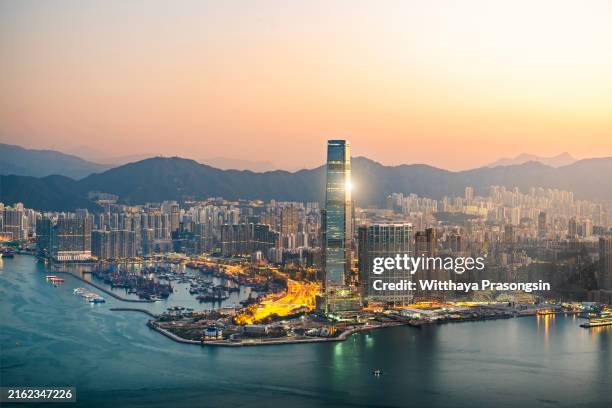 hong kong city view from peak at sunrise - hong kong stock pictures, royalty-free photos & images