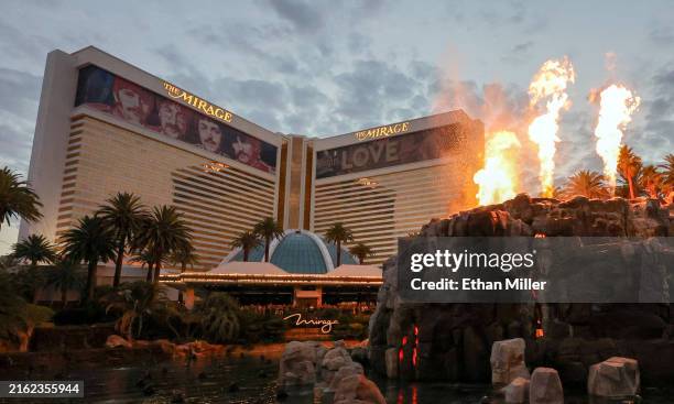 The volcano attraction in front of The Mirage Hotel & Casino erupts on July 16 in Las Vegas, Nevada. Hard Rock International will close the resort on...