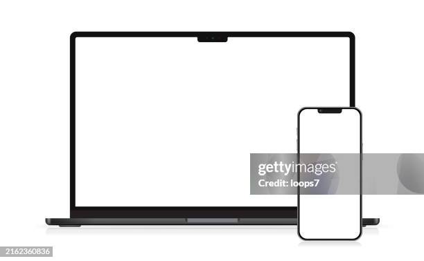 illustrations, cliparts, dessins animés et icônes de ordinateur portable et téléphone intelligent. vecteur eps 10 - écran blanc