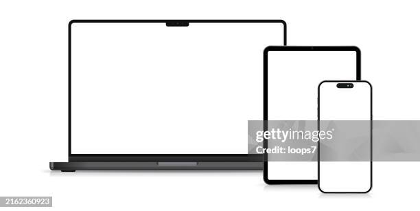 modern digital devices mockup. responsive web design concept - macbook laptop white background stock illustrations