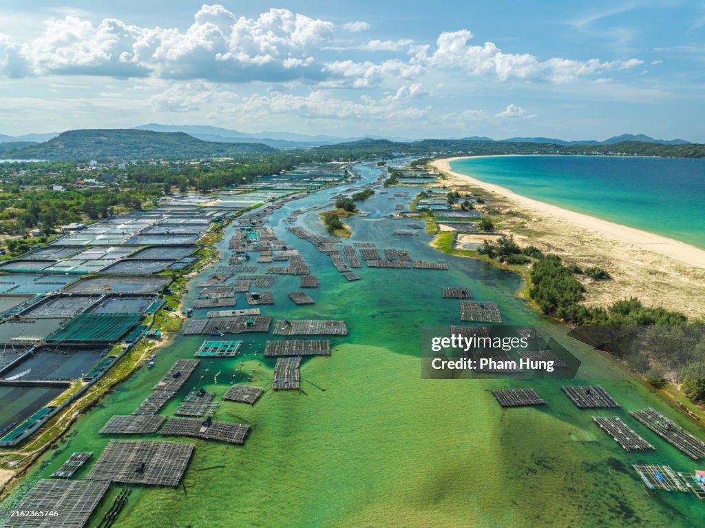 Drone view of fish farms and lobster farms on Phu Luong beach