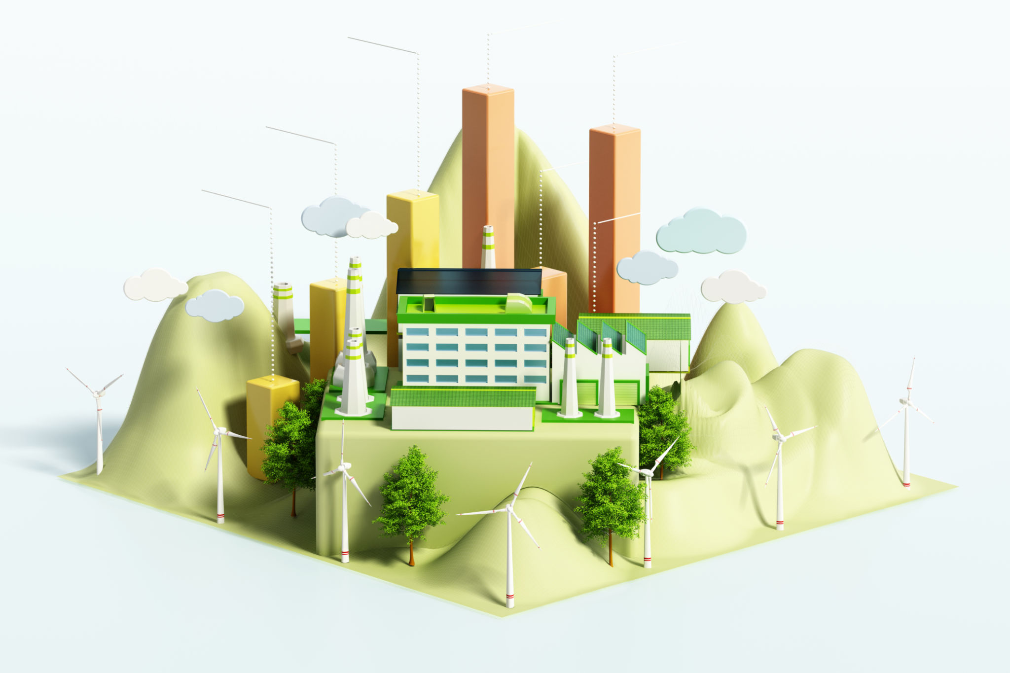 Green Cityscape With Wind Turbines and Factories on Hills. Eco Business Concept Green Cityscape With Wind Turbines and Factories on Hills. Eco Business Concept