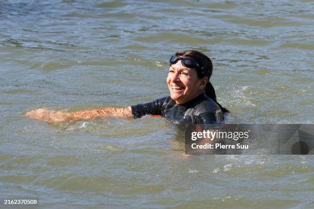 Mayor of Paris Anne Hidalgo is seen swimming in the river Seine on July 17, 2024 in Paris, France. The city's mayor took a dip in the Seine amid...