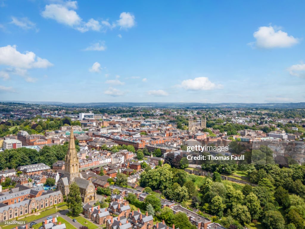 Aerial view over residential area of Exeter city centre