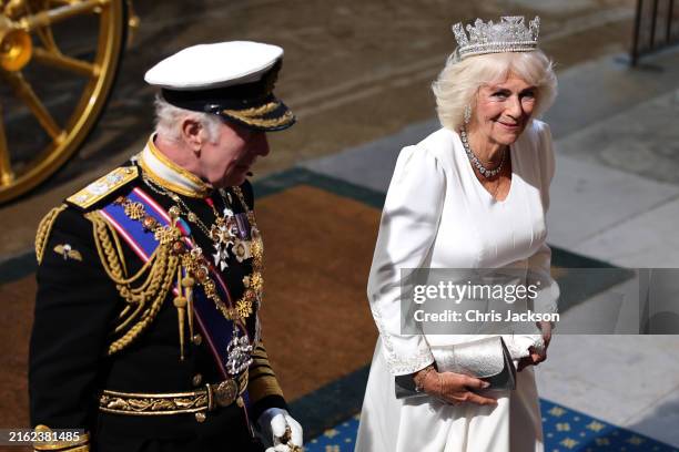 King Charles III and Queen Camilla wearing the Diamond Diadem arrive at the Houses of Parliament, Victoria Tower – Sovereign’s Entrance for the State...