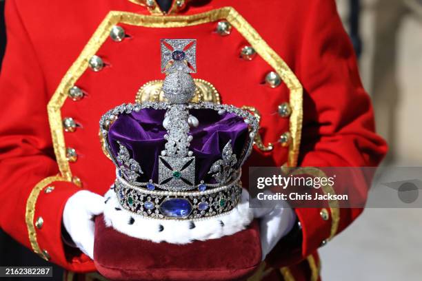 The Imperial State Crown arrives at the Houses of Parliament, Victoria Tower – Sovereign’s Entrance ahead of the State Opening of Parliament on July...