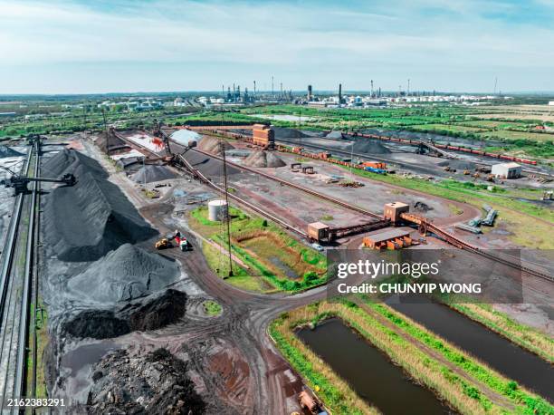 aerial drone view on coal mine at immingham, uk - lignite stock pictures, royalty-free photos & images