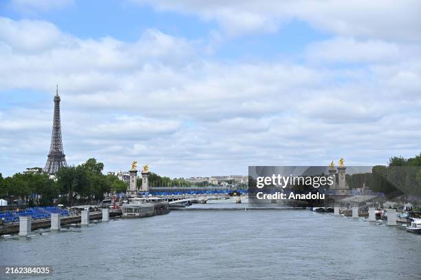 The Eiffel Tower and Seine river are seen before the opening of Paris 2024 Olympics on July 22, 2024 in Paris, France. The Paris Olympics will be...