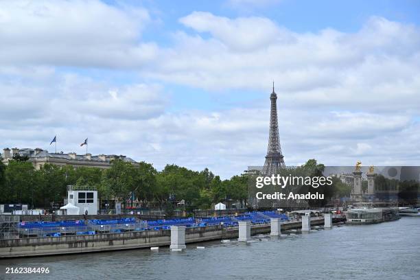 The Eiffel Tower and Seine river are seen before the opening of Paris 2024 Olympics on July 22, 2024 in Paris, France. The Paris Olympics will be...