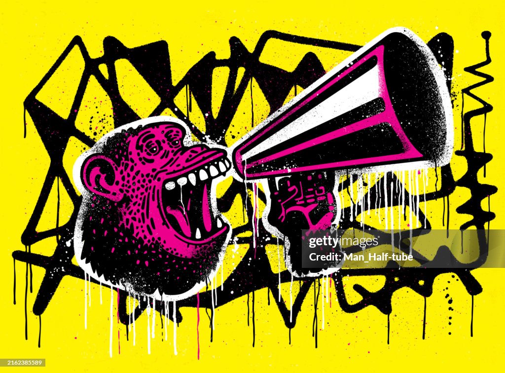 Monkey with loudspeaker, stencil graffiti
