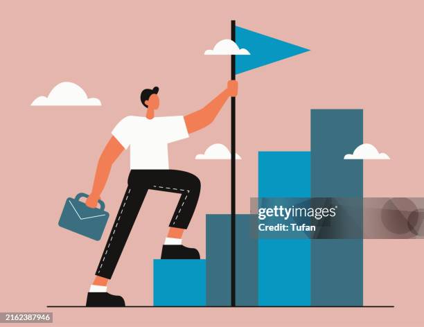 ilustraciones, imágenes clip art, dibujos animados e iconos de stock de crecimiento profesional, aumento de la productividad, logro del éxito, hitos comerciales, desarrollo profesional, hombre subiendo escalones hacia el éxito, alcanzando metas ilustración - eventos de la vida