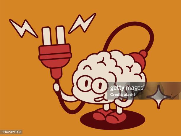 stockillustraties, clipart, cartoons en iconen met a cute anthropomorphic brain man holds a plug ready to charge itself - wijsheid