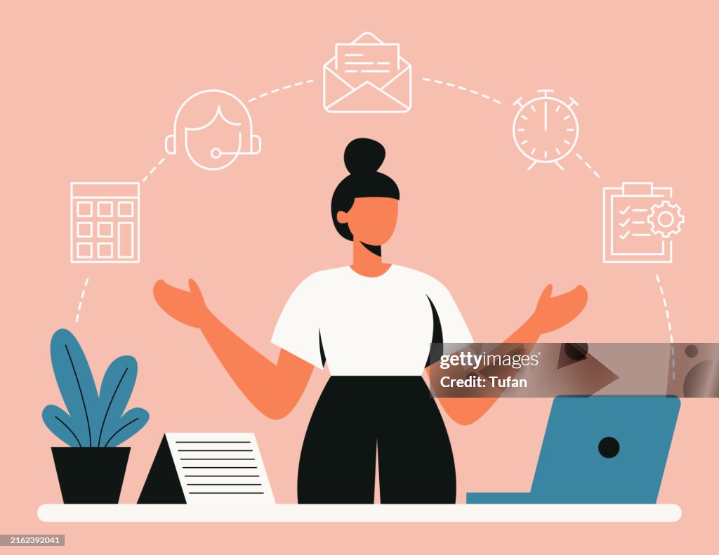 Businesswoman Admin Working at Office Desk, Multitasking, Business Administration, Office Work, Time Management, Email Communication, Customer Support