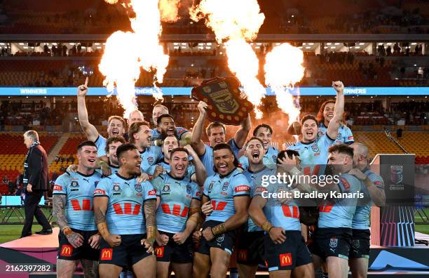 The New South Wales Blues celebrate victory after game three of the 2024 Men's State of Origin series between Queensland Maroons and New South Wales...