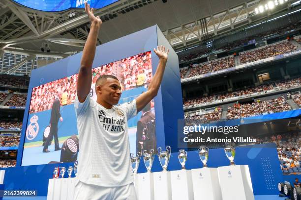 Kylian Mbappé, new Real Madrid player, at Estadio Santiago Bernabéu on July 16, 2024 in Madrid, Spain.