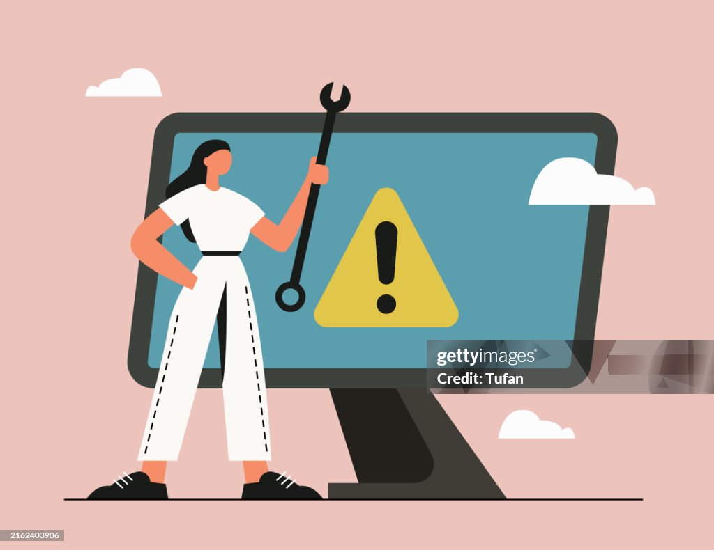 System Error, Computer Issue, Technical Problem, Warning Sign, Error Fix, IT Support, Troubleshooting, Woman Holding Wrench, Computer Maintenance, Technical Alert