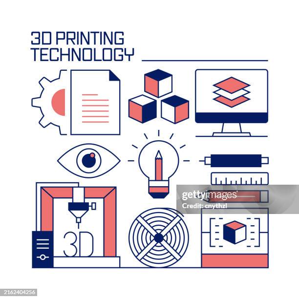 3d printing icons concept. single line vector illustration. 3d printer, filament, modeling, project files. - plastic polymer stock illustrations