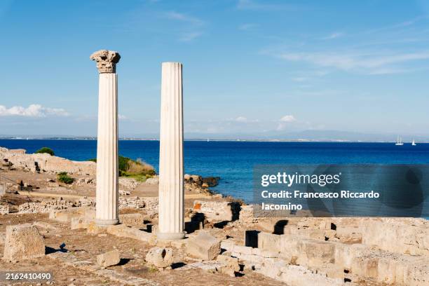 ancient ruins and columns in coastline, tharros, sardinia, italy - vestige antique photos et images de collection