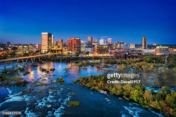 richmond skyline aerial at dusk with river and rapids - sunset richmond va stock pictures, royalty-free photos & images