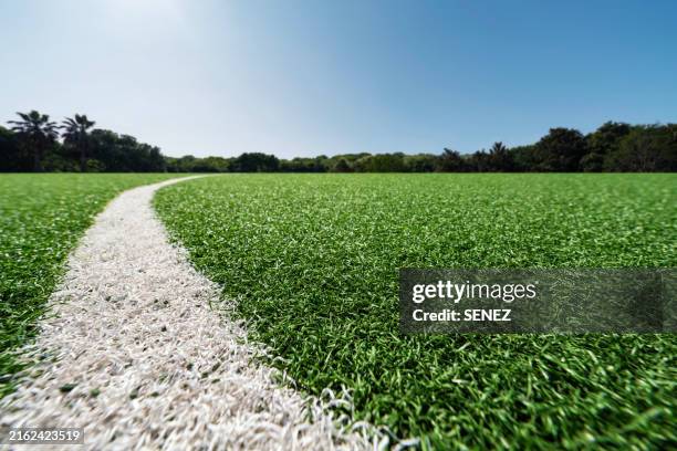 low-angle shot of the school's soccer field - línea-de-gol fotografías e imágenes de stock