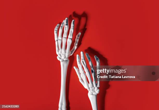 two skeleton hands on vibrant red backdrop . festive halloween background with copy space - skelett hand stock-fotos und bilder