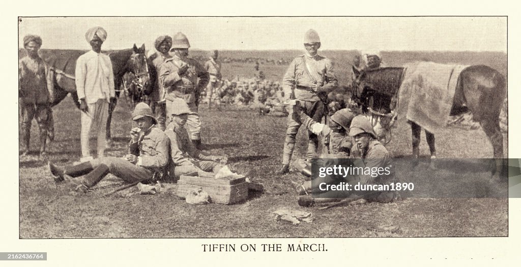 English and native soldier of the British Indian Army, Tiffin on the march Victorian, India, Vintage photograph, 1890s, 19th Century