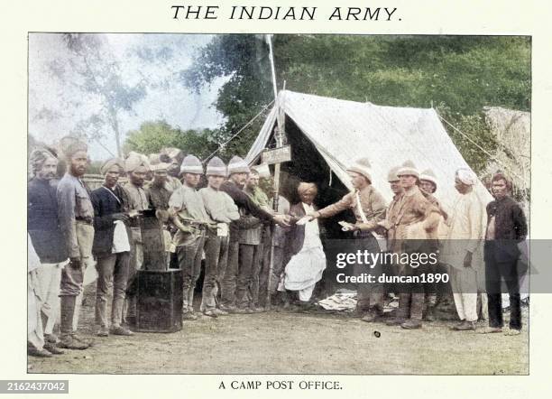 soldaten der britisch-indischen armee sammeln post aus dem lagerpostamt, indien, britisches empire, viktorianisch, vintage-fotografie, 1890er jahre, 19. jahrhundert - kolonialismus stock-grafiken, -clipart, -cartoons und -symbole