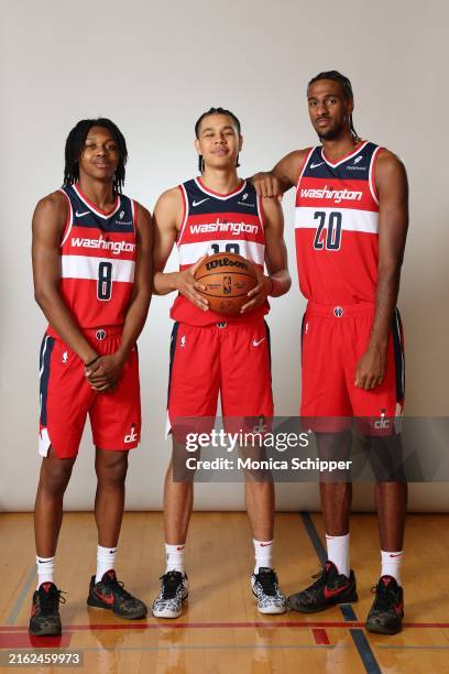 Carlton Carrington of the Washington Wizards, Kyshawn George of the Washington Wizards and Alexandre Sarr of the Washington Wizards pose for a...