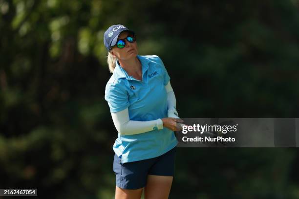 Sarah Kemp of Australia plays her tee shot on the second hole during the final round of the Dana Open golf tournament at Highland Meadows Golf Club...
