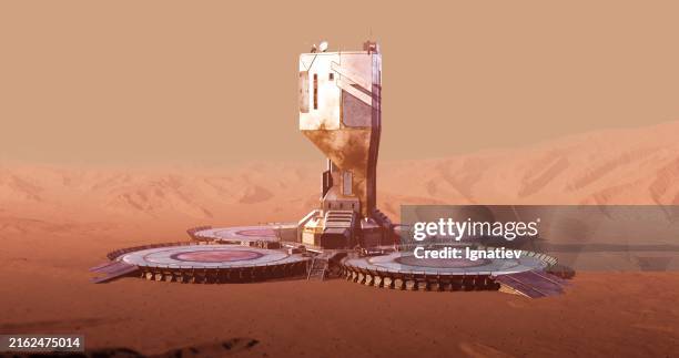 a sleek tower on mars, encircled by a platform in a barren, dusty desert - space shuttle discovery stock pictures, royalty-free photos & images